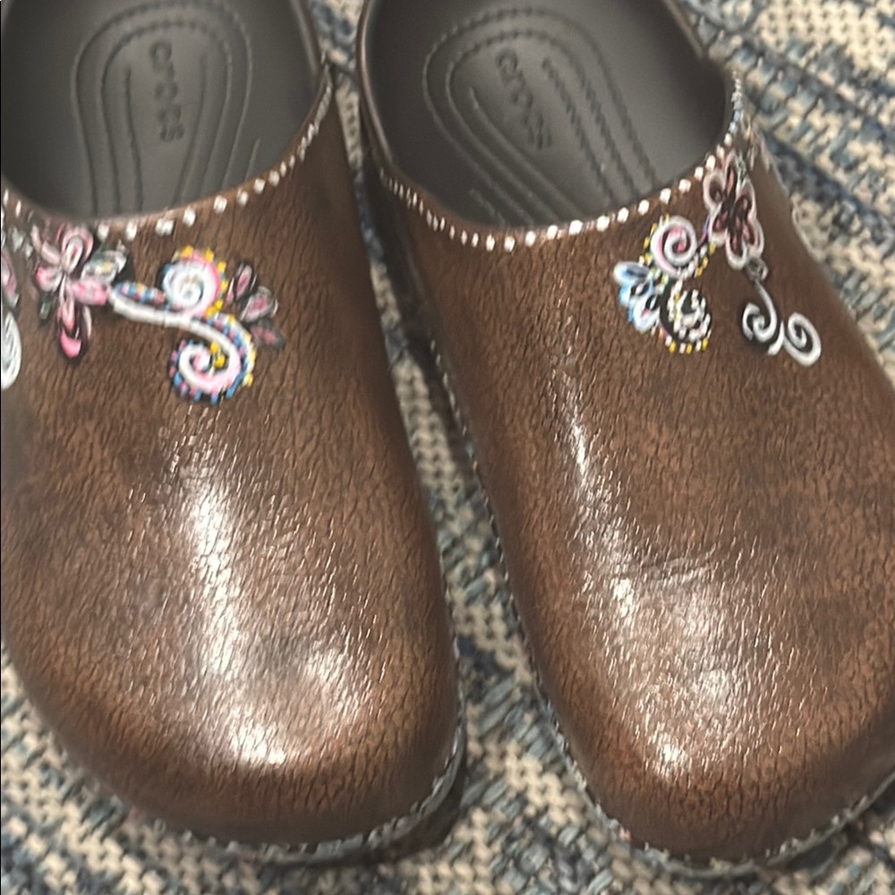 Hand painted and sealed Dylan dark brown crocs LIKE NEW